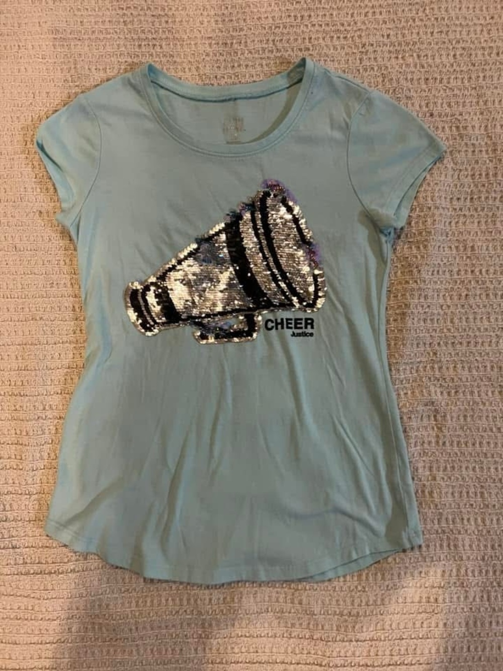 Justice Light Blue Sequin Megaphone Tee with Reversible Silver Sequins